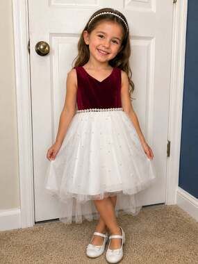 American Princess Girls Size 6 Velvet and Tulle Pearl Embellished Holiday Dress
